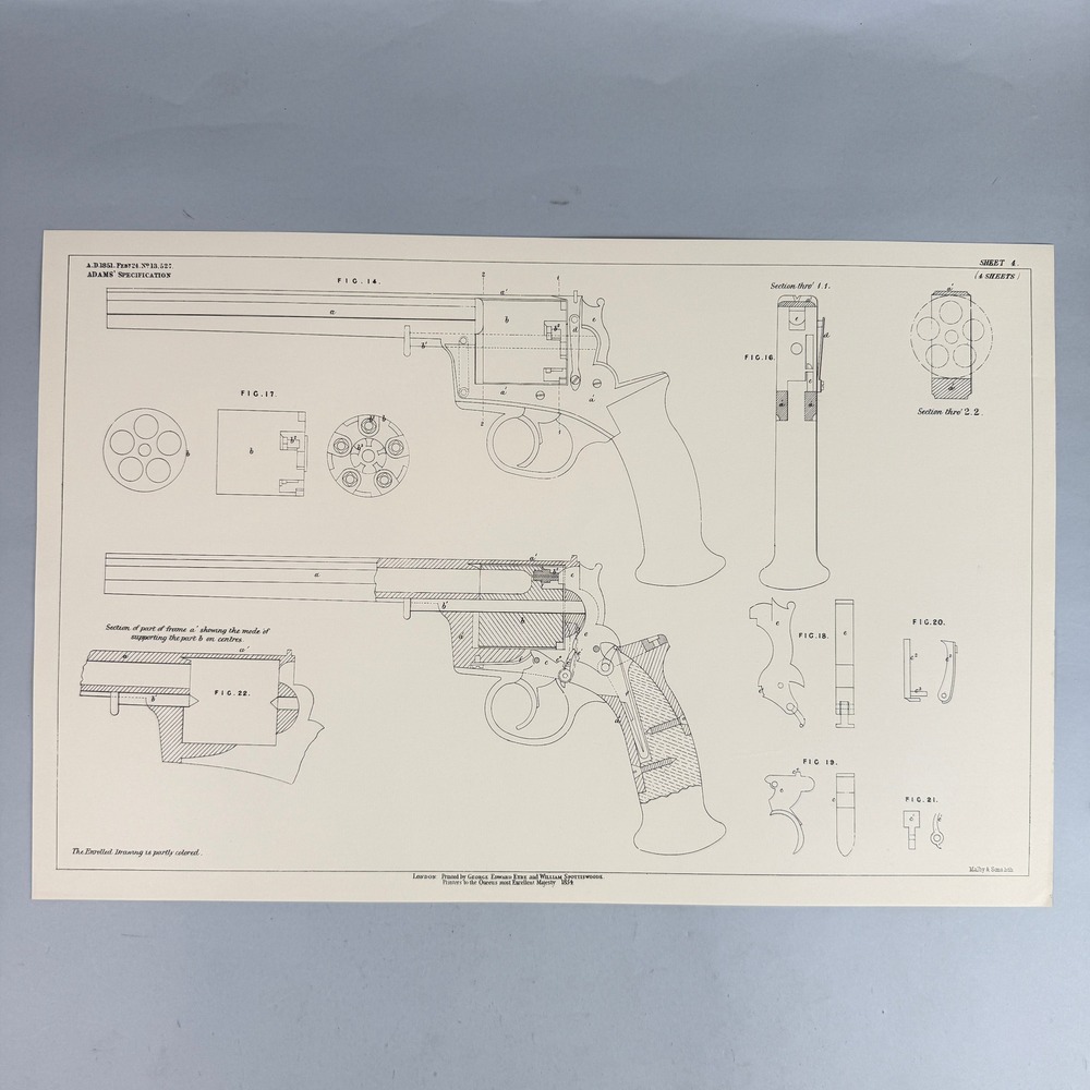 Antique 1854 Adams Revolver Patent Specification Lithograph on Laid Paper 14x21 - Picture 1 of 12